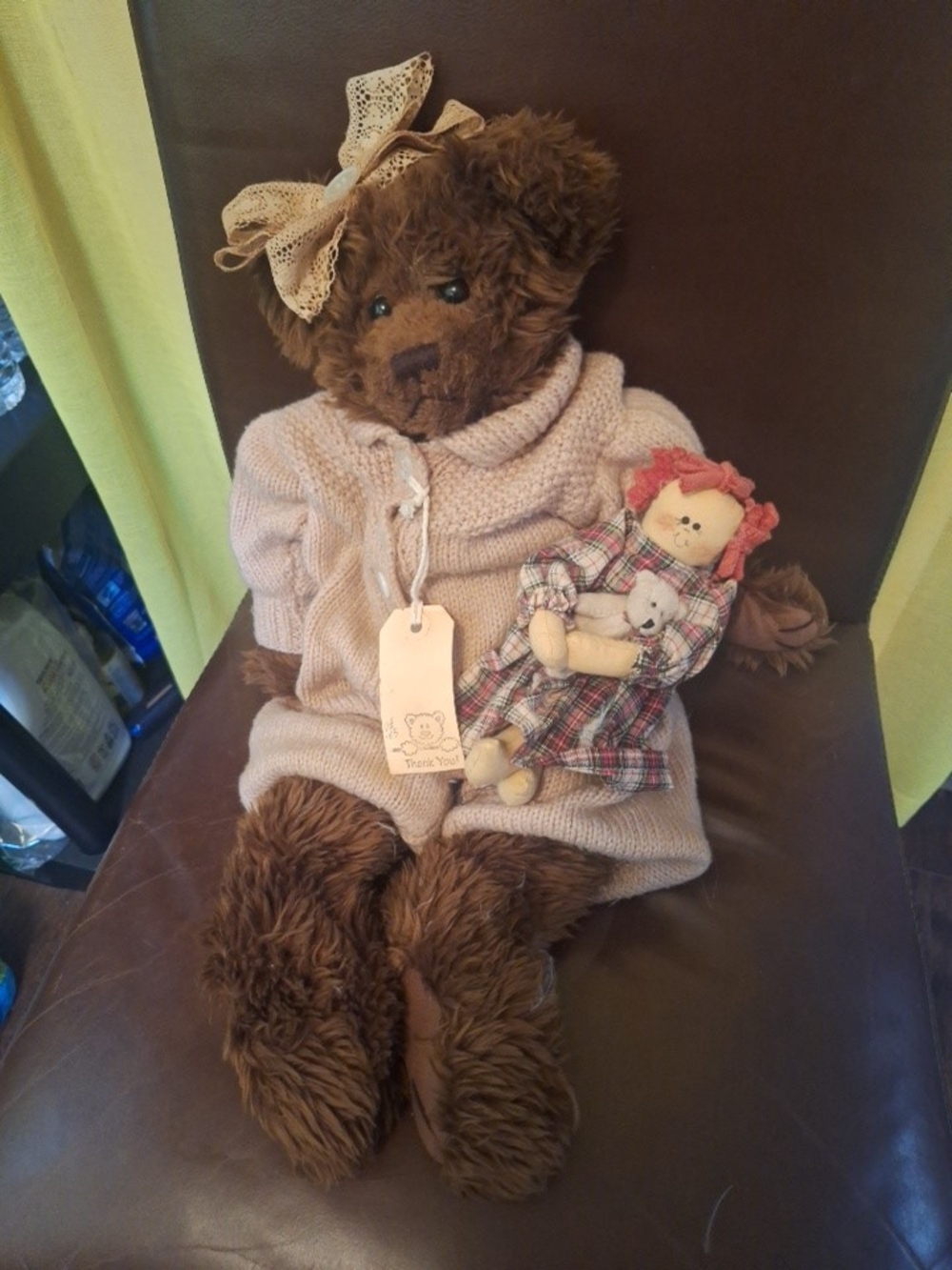 Plush Brown Teddy Bear in Cream Knit Outfit with Ribbon Hat. Doll With Bear
